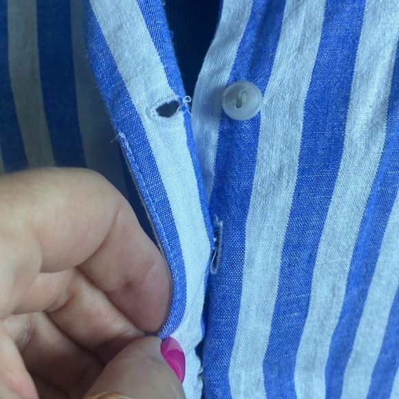 Ava Viv Blue White Vertical Striped Shirt V-Neck  Short Sleeve Tie Waist NWOT - Picture 6 of 8